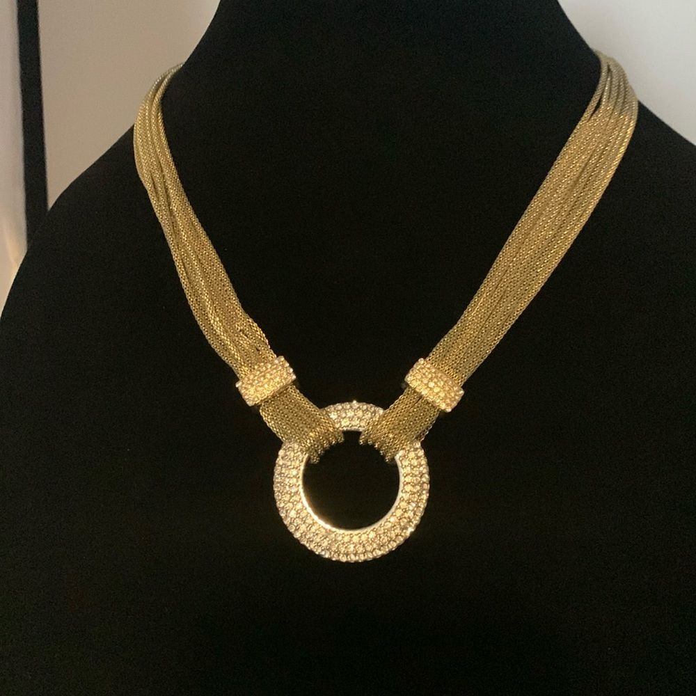 Stunning OPC Gold Tone Multi Strand Rhinestone Pendant Necklace